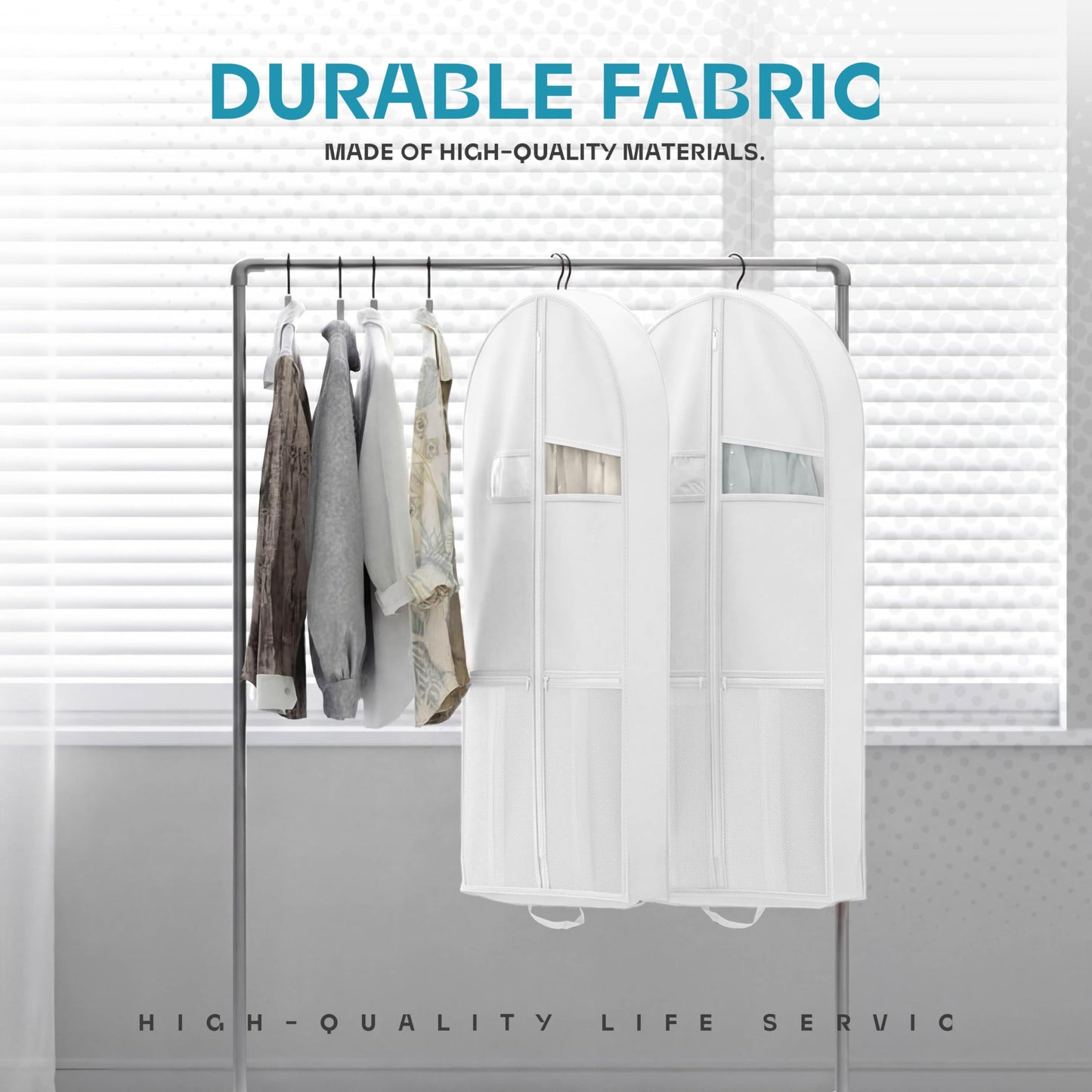 43" Travel Garment Bag with Accessories Zipper Pocket, Heavy Duty Suit Bag for Suits, Tuxedos, Dresses, Coats, White, 1 pack