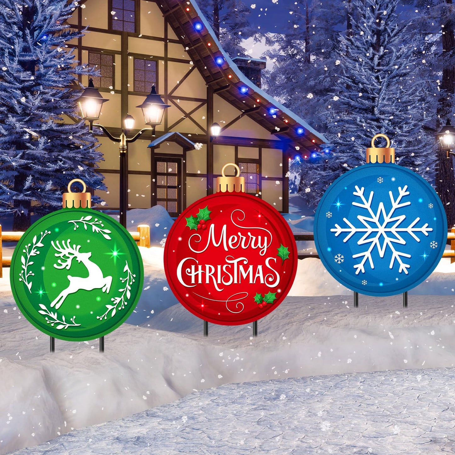 Drydiet 3 Pack Metal Christmas Yard Signs Decor Xmas Yard Stakes Outdoor with Stakes for Holiday Outdoor Garden Lawn Pathway Decoration(Christmas Balls)