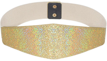 Glamorstar Women Wide Corset Belt Elastic Stretchy Waist Belt for Dresses Gold (Bling Beige Band) 63cm/25in