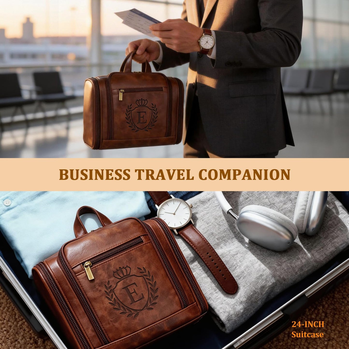 Aganmi Personalized Easter Birthday Gifts for Men Large Leather Travel Toiletry Bag Hanging Shaving Dopp Kit, Mens Traveling Essentials Accessories Organizer Case Cognac Brown Initial Letter E