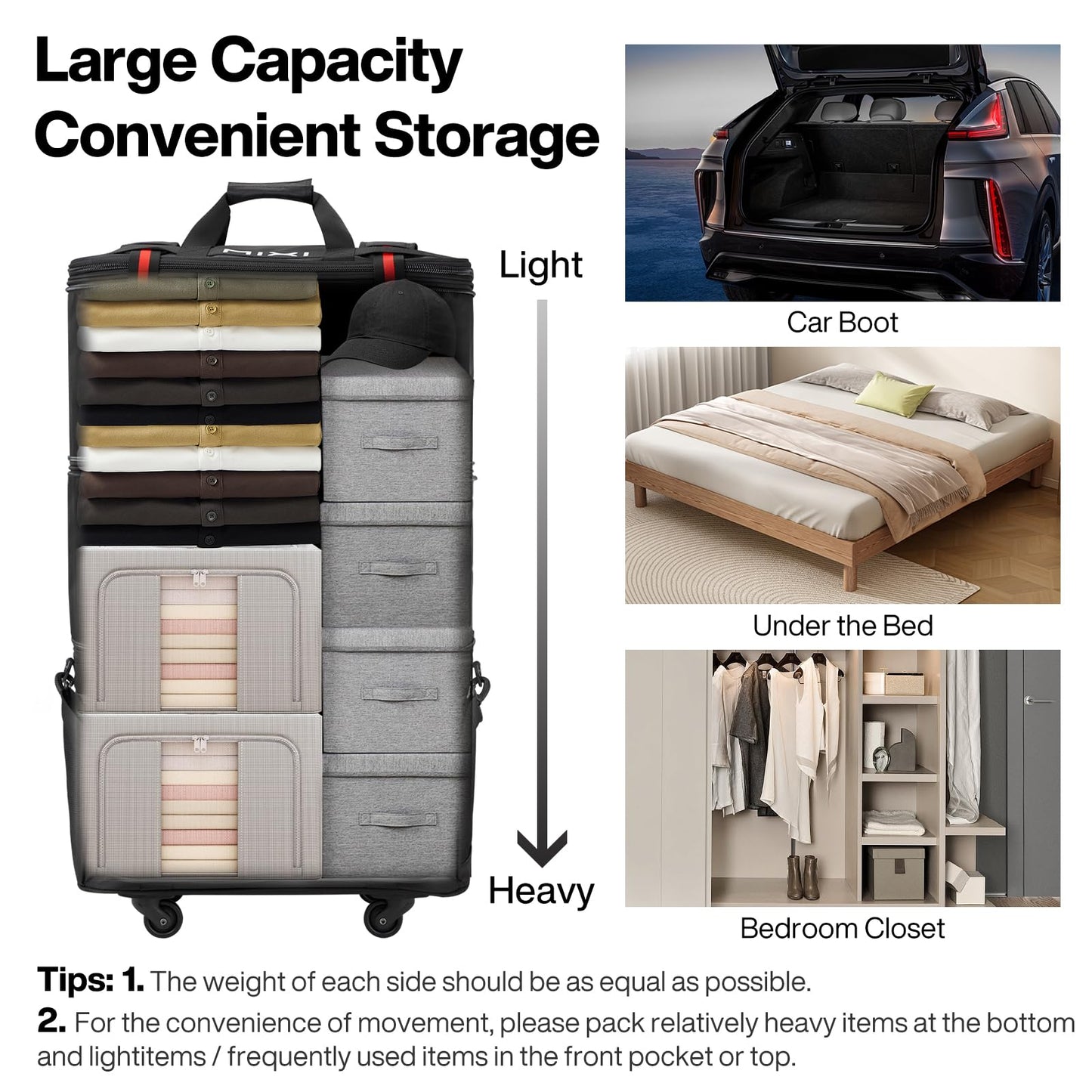 mixi Travel Bag with Wheels Expandable Foldable Luggage Bag Collapsible Rolling Travel Bag Duffel Bag Large Capacity Suitcase for Men Women, Black