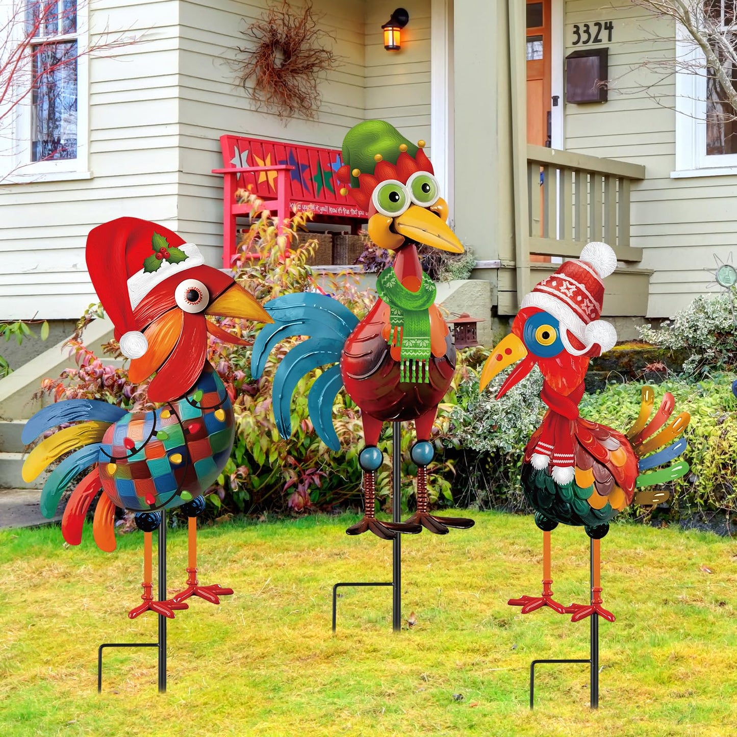 3 Pcs Christmas Chicken Outdoor Decorations Metal Christmas Glossy Rooster Chicken Yard Stakes Rooster Animal Garden Stakes Yard Art for Ground Yard Lawn Porch Sidewalk Xmas Holiday Decorations