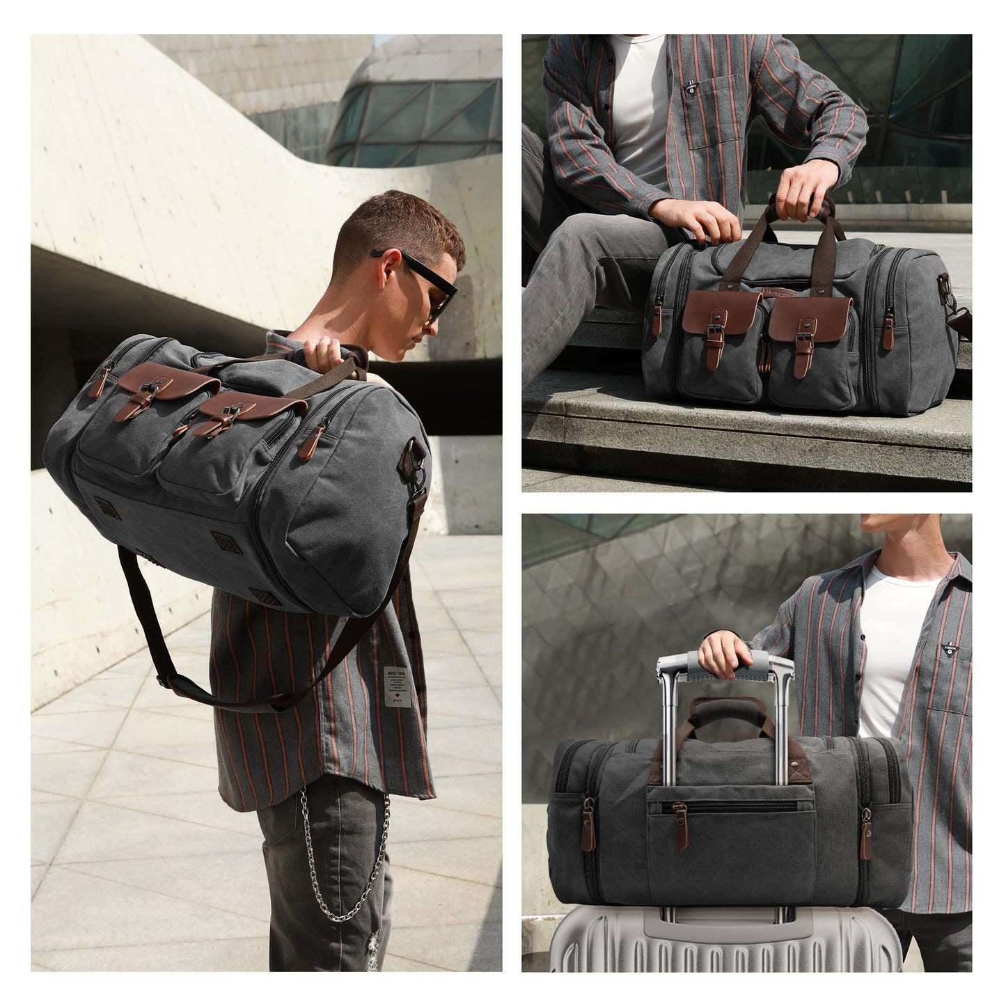 Wildroad 50L Travel Duffel Bag, Expandable Canvas Genuine Leather Duffle Bag Upgraded Overnight Weekender Carry on Bag