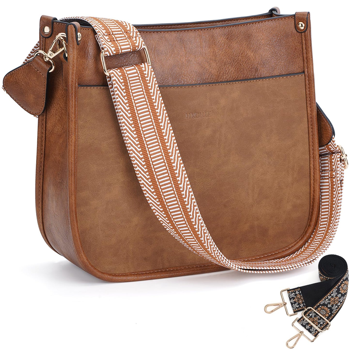 HKCLUF Crossbody Bags for Women Trendy Vegan Leather Hobo Handbags With 2PCS Adjustable Guitar Strap Crossbody Shoulder Bag Purse For Women(Stitching Brown)