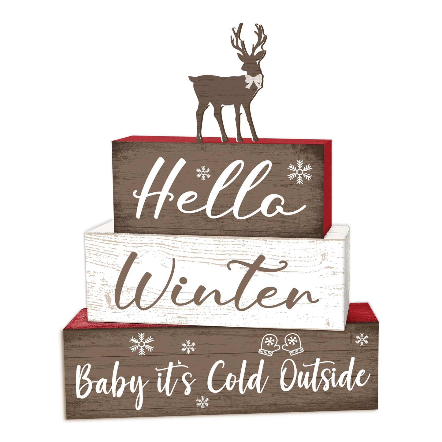 4 Pcs Bow Reindeer Christmas Decor, Snowflakes Table Decorations, Christmas Tiered Tray Desk Decor Gifts, Hello Winter Wooden Xmas Stack Block Signs Table Centerpiece for Farmhouse Office -B11