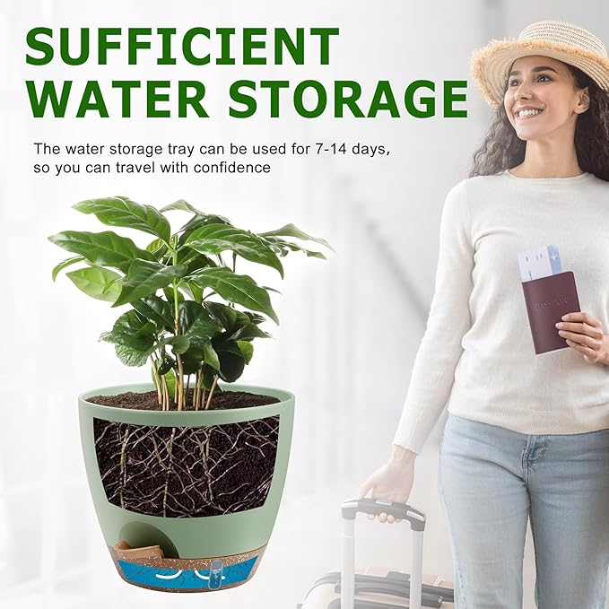 Self-Watering Plant Pots with Water Level Indicator, Drainage Holes & Saucers – 12/10/9 Inch Large Plastic Planter Set for Indoor & Outdoor Plants (Green)