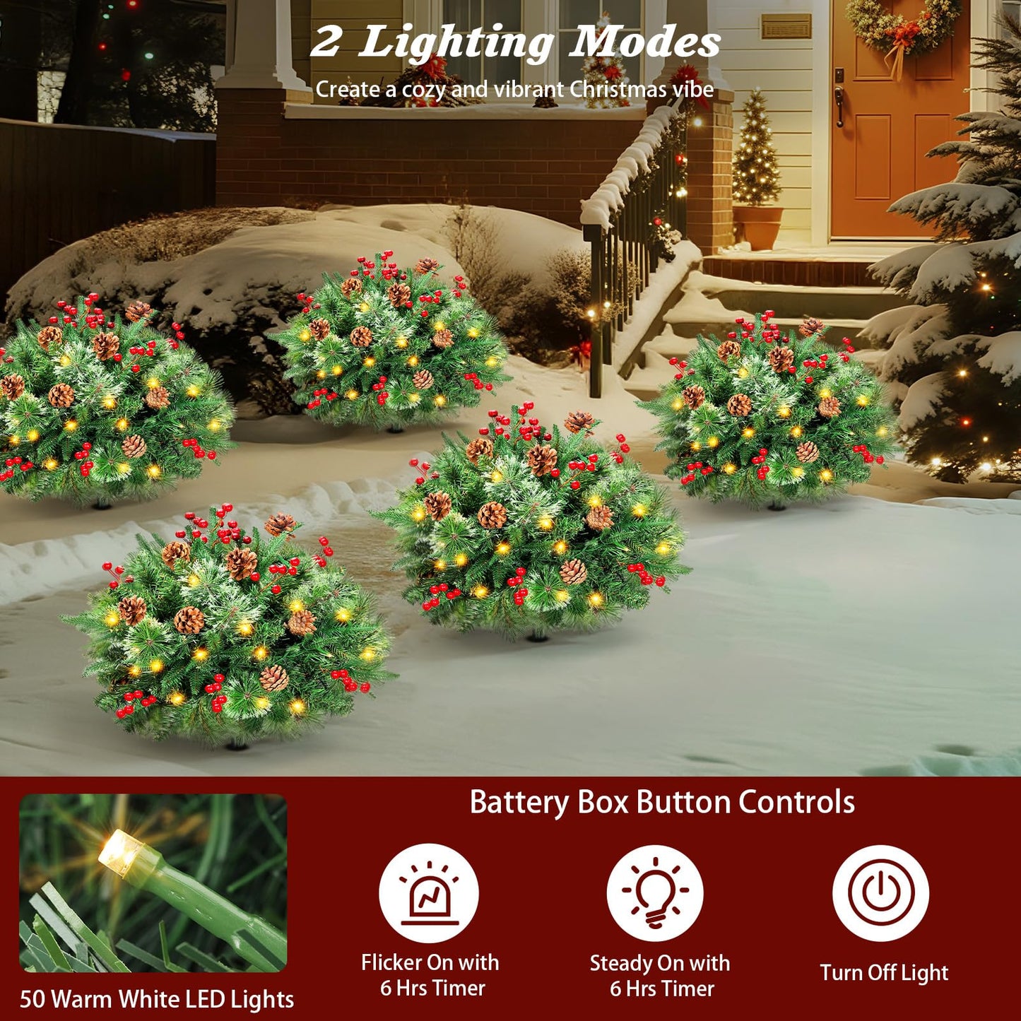 Lewondr Set of 2 Prelit Pathway Christmas Trees, 20.87" Outdoor Christmas Tree with 50 LED Lights, Pine Cones Red Berries, Battery Operated Outdoor Xmas Decor for Yard Home Porch