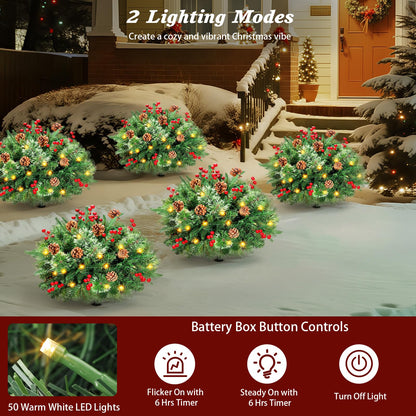 Lewondr Set of 2 Prelit Pathway Christmas Trees, 20.87" Outdoor Christmas Tree with 50 LED Lights, Pine Cones Red Berries, Battery Operated Outdoor Xmas Decor for Yard Home Porch