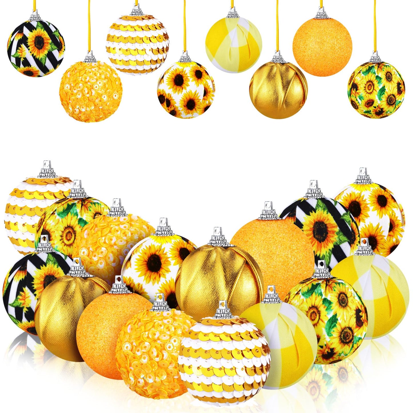 Zeyune 16 Pcs Summer Tree Ornaments Christmas in July Sunflower Hanging Decorations for Small Tree, Yellow Hanging Sequin Ball Ornaments with Ropes, Beach Luau Hawaiian Holiday Party Supplies(Fresh)