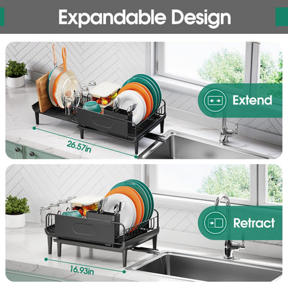 Extendable Dish Drying Rack for Kitchen Counter, Large Expandable Dish Rack with Multifunctional Drainboard for Pan Pot, Collapsible dish drainer, Foldable Plate Strainer for Home Countertop Storage