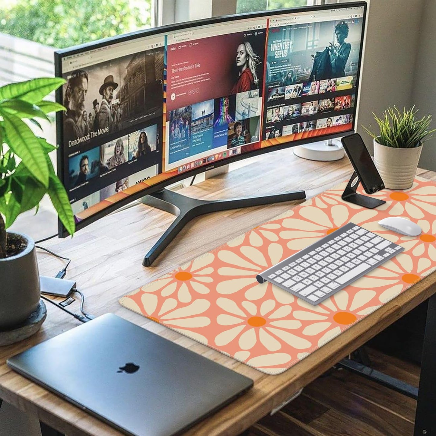 iCasso Desk Mat, Desk Matt for Desktop, Cute Desk Pad Mat, XXL Large Mouse Pad for Desk, Anti-Slip Big Mousepad with Stitched Edges, Keyboard Pad Mouse Mat for Computer, Work, Gaming (Orange Floral)
