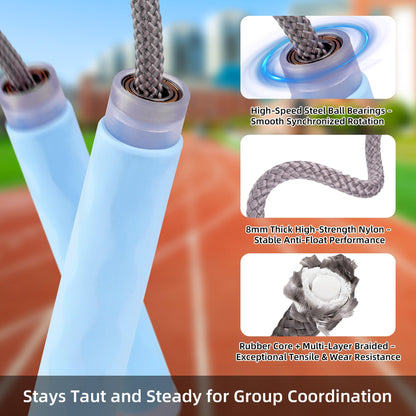 YUEDONG 8mm Thick Long Group Jump Rope 5 Meters Adjustable - Heavy Duty Nylon-Cotton Blend Collective Skipping Rope with 360° Ball Bearings, Wave Texture Full Silicone Anti-Slip Ergonomic Handles for School Team Activities Group Fitness (1, BLUE, 5M)