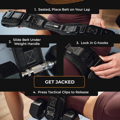 JACKED ASS BELT Premium Hip Thrust Belt for Dumbbells & Kettlebells (Patent-Pending) Heavy Duty Glute Training System for Home Gym, Fast Setup for Progressive Overload Without Barbell or Rack (Black)