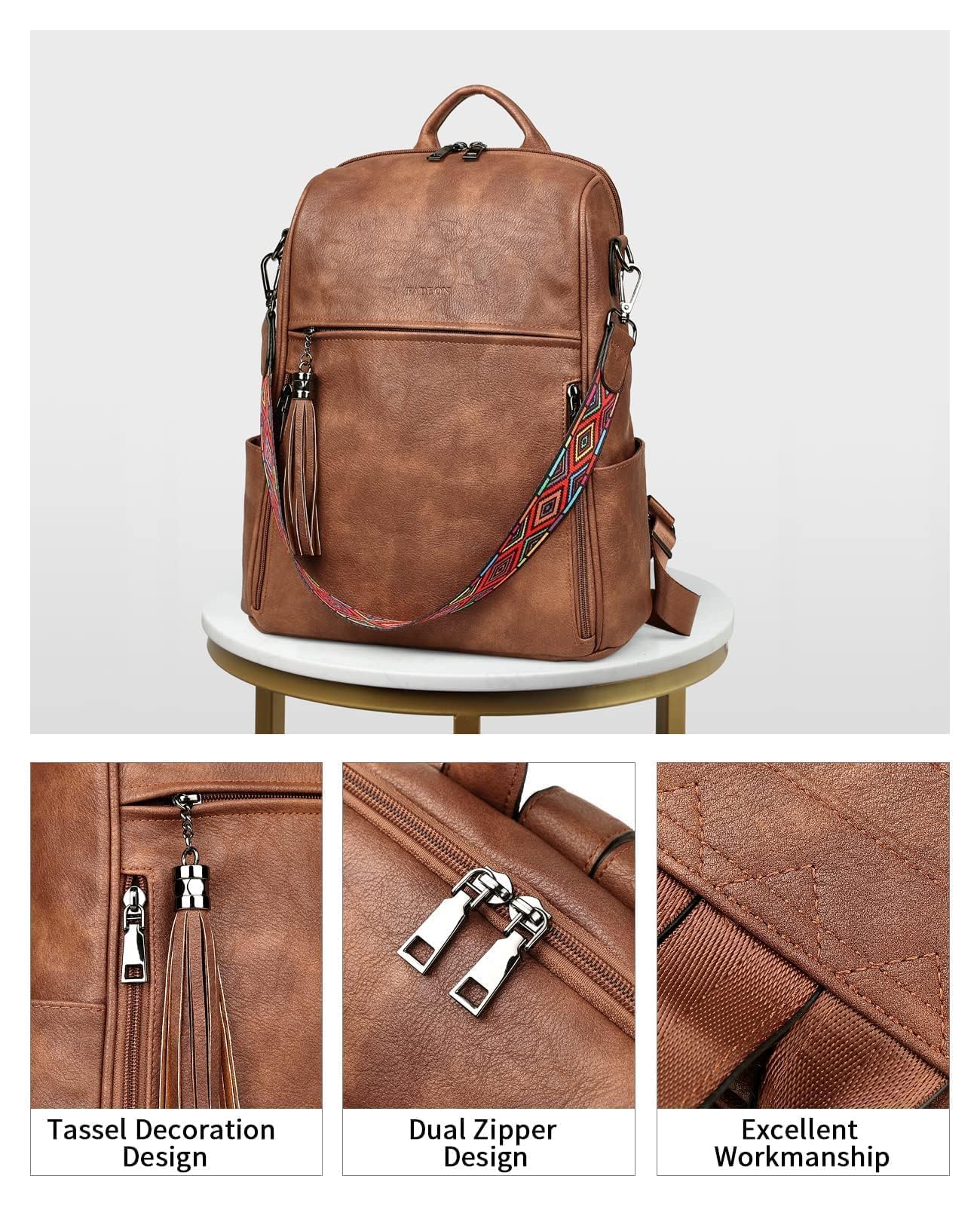 FADEON Leather Backpack Purse for Women Designer Travel Backpack Purses PU Fashion Ladies Shoulder Bag with Tassel Brown