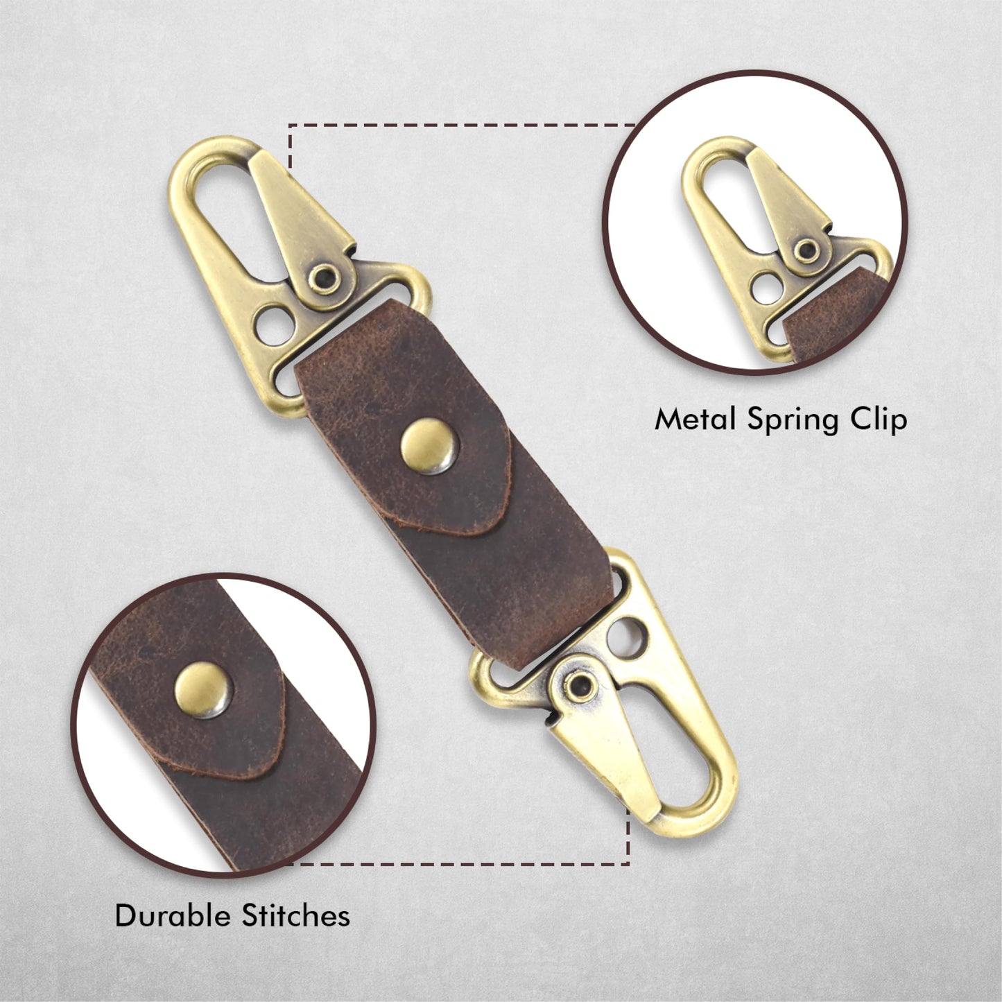 TheAntiq Genuine Leather Car Keychain - Handmade Key Holder with Dual Metal Clips, Durable Key Organizer for Car Keys, Belt, Bag & Everyday Carry (Brown)