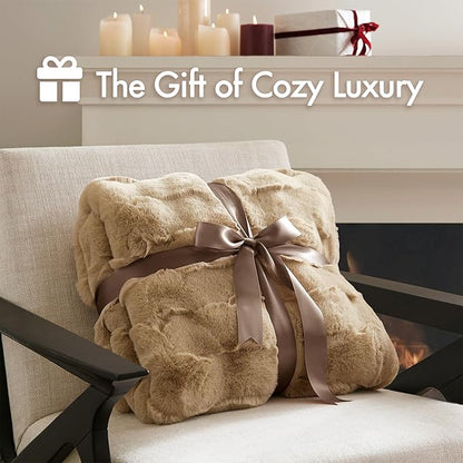 Madison Park Luxuriously Cozy Soft Long Faux Fur Basketweave Blanket, Reversible Soft & Snuggly Velvet Throw, Lightweight, Breathable, All Season, Trendy Room Décor, 50x60, Tan