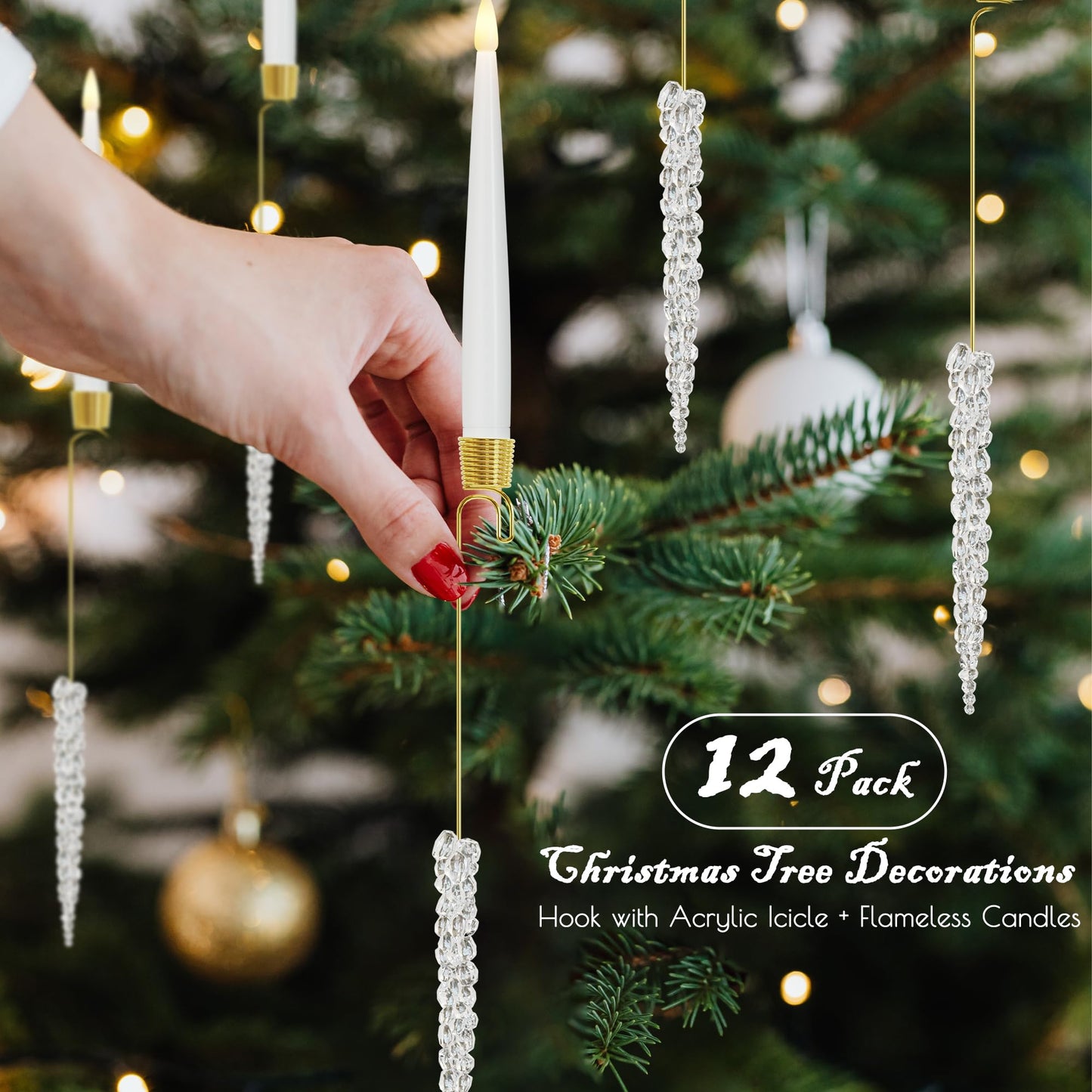JOIONE Flameless Christmas Tree Candles with Remote, 12 Pack Battery Operated LED Candles for Christmas Tree Flickering Flame for Xmas Indoor Decor - Acrylic Icicles Hook
