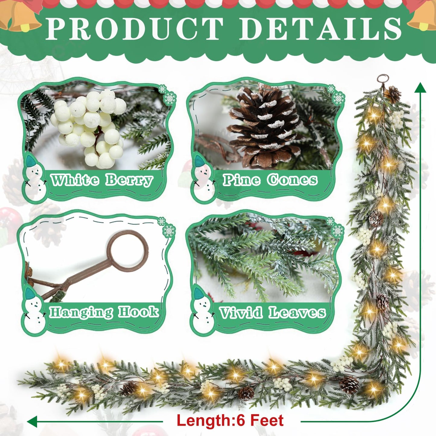 6FT Christmas Garland with Lights, Christmas Decorations Indoor Outdoor Pre-lit Artificial Pine Garland with Battery Operated Timer, Home Holiday Decor Flocked Garland for Mantel Window Stairs Wall