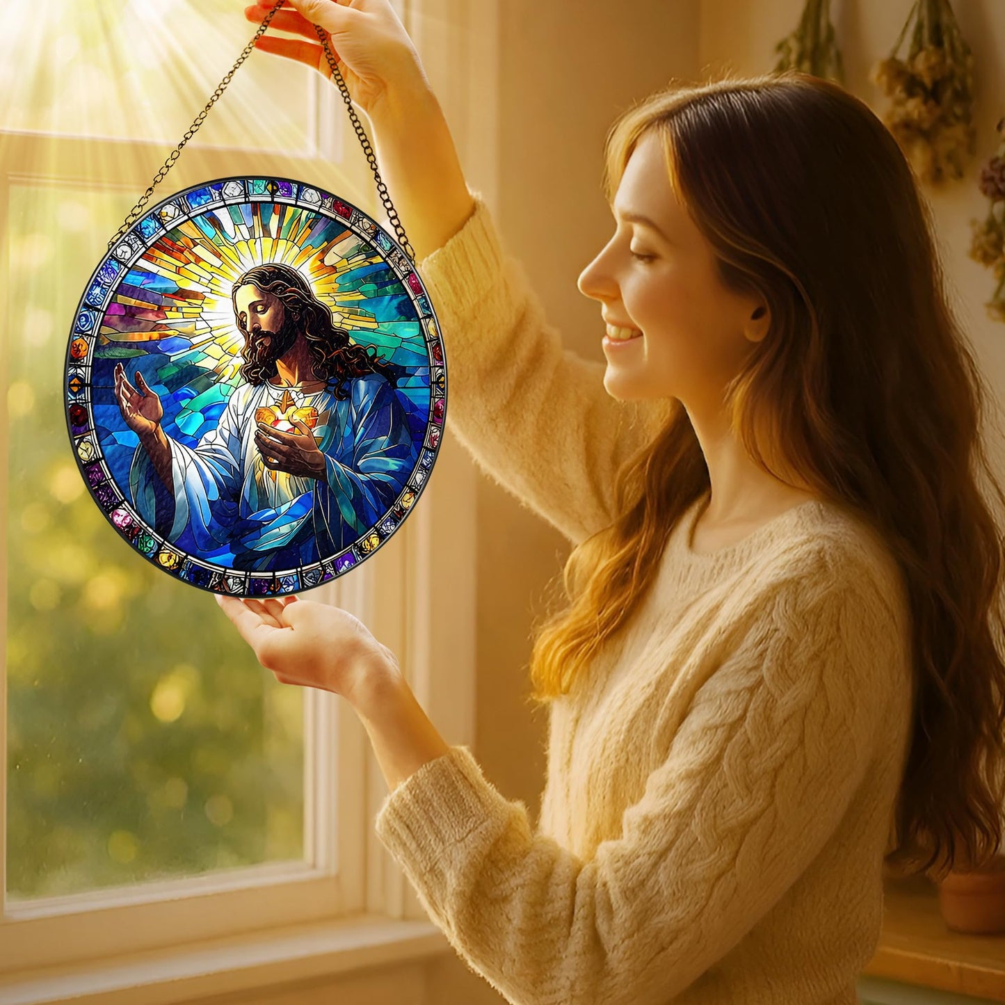 LAOWEIKI 8'' Jesus Christ Suncatcher Ornament, Stained Glass Window Hanging, Christian Home Decor, Religious Decor, Gifts for Christian, Gifts for Christmas, Religious Gift