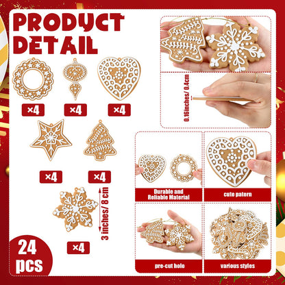 Shellwei 24 Pcs Gingerbread Cookie Ornaments Cookie Christmas Tree Ornaments Bulk Gingerbread Christmas Tree Decorations Rustic Hanging Decor for Xmas Indoor Home