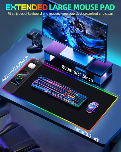 Wireless Charging Mouse Pad, RGB Gaming Mousepad, 31.5"x15.7" Extra Large Desk Pad, 13 Light Modes, Ultra-Smooth Surface, Non-Slip Base, Waterproof Computer Keyboard Mat for MacBook, PC, Laptop, Black