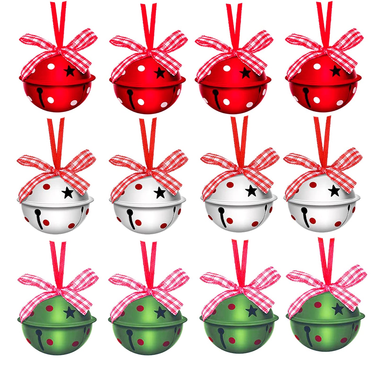 24 Pcs Christmas Jingle Bells 2" Star Cutouts Metal Decorative Bells with Ribbons Xmas Tree Ornaments for Wreath Festival Crafts Home Decorations