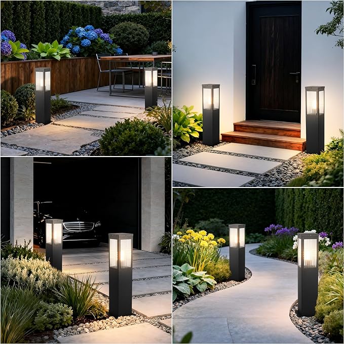 Outdoor Landscape Path Light Stainless Steel Waterproof Bollard Lighting Hardwired E26 Glass Post Pillar Lights Black Modern Lawn Lighting Outside House Pathway Lamp For Garden Patio Yard Street Light