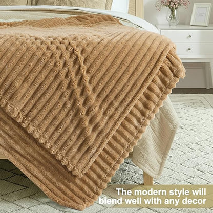 decorUhome Soft Fleece Brown Blanket King Size for Bed, Cozy Fluffy Plush Flannel Large Striped Throws for Couch Sofa, Lightweight Decorative Fuzzy Blanket for Woman, 108x90 Inches