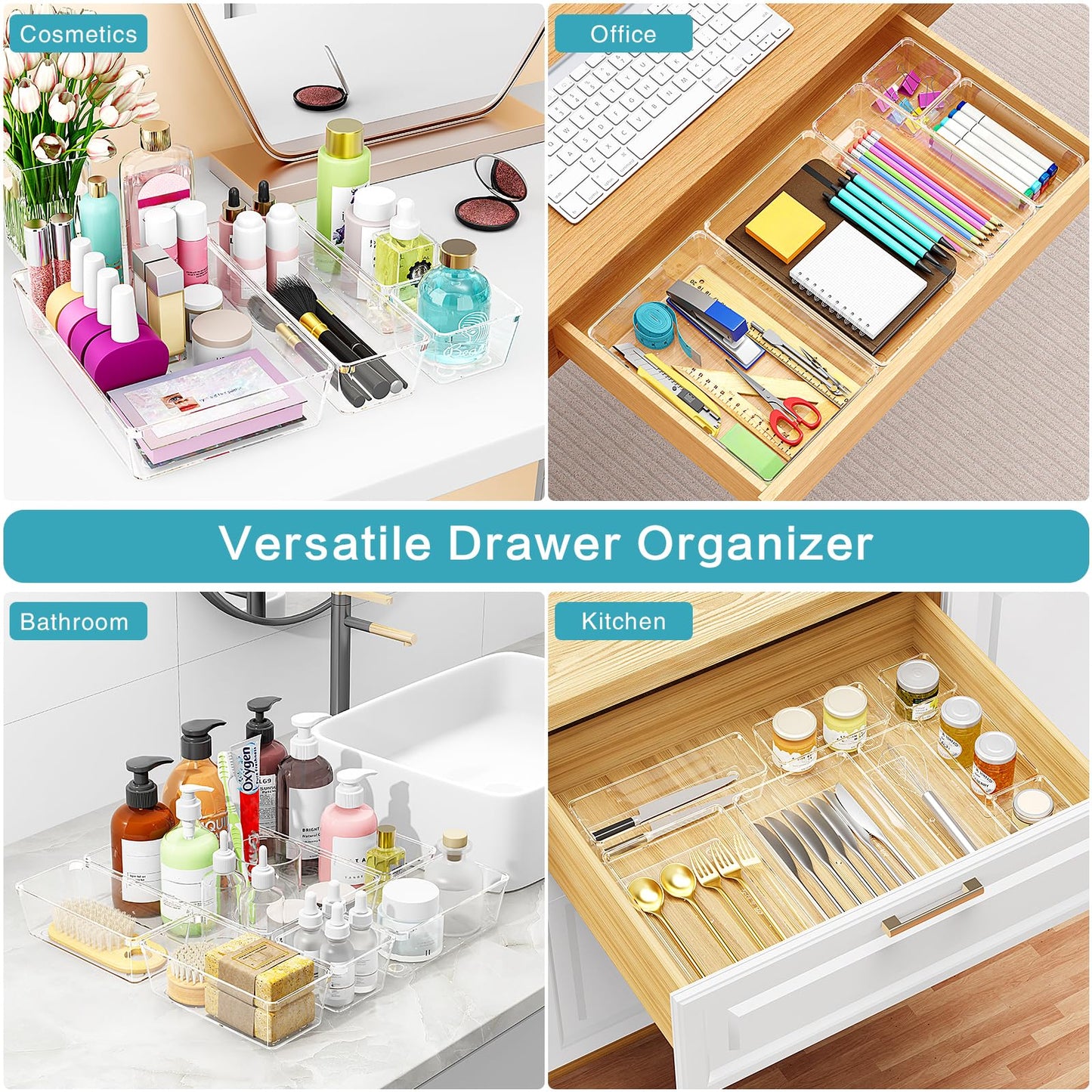 Manalete Drawer Organizers Set of 12, 4 Sizes Clear Plastic Drawer Organizers and Storage Bins for Kitchen, Bathroom, Office, Dresser Desk Drawer Organizer Tray for Jewelry, Makeup, Junk, Gadgets
