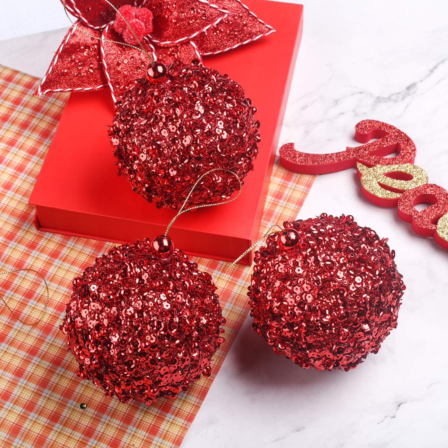 ZHANYIGY 4.25" Shatterproof Christmas Ball Ornaments, 4pc Red Set for Trees and Holiday Decor