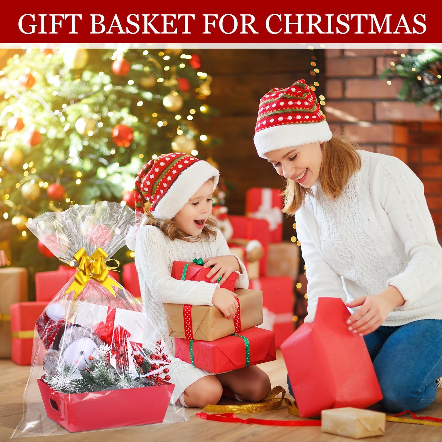 AFOROEOA 6PACK Red Baskets For Gifts Empty, 10x12”Thick Gift Basket with 6Bows 6Bags Empty Gift Baskets for Christmas, Easter, Birthdays, Valentine’s Day Wrapping Gift