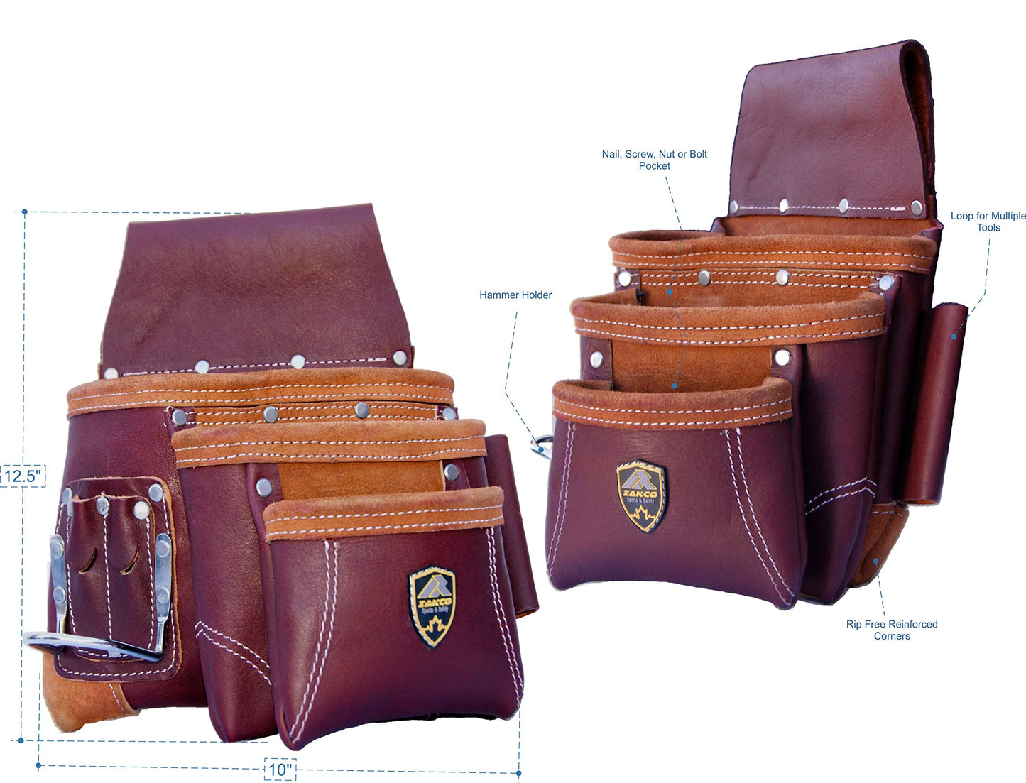 Zakco PRO-21 Genuine Full Grain Leather Heavy Duty Multi Pockets Construction Rig, Carpenters Tool Belt, 2 Leather Pouches Belt Framer’s, Handyman, Roofer’s,Tool Belt & Tool Organizer, Best Tool Apron