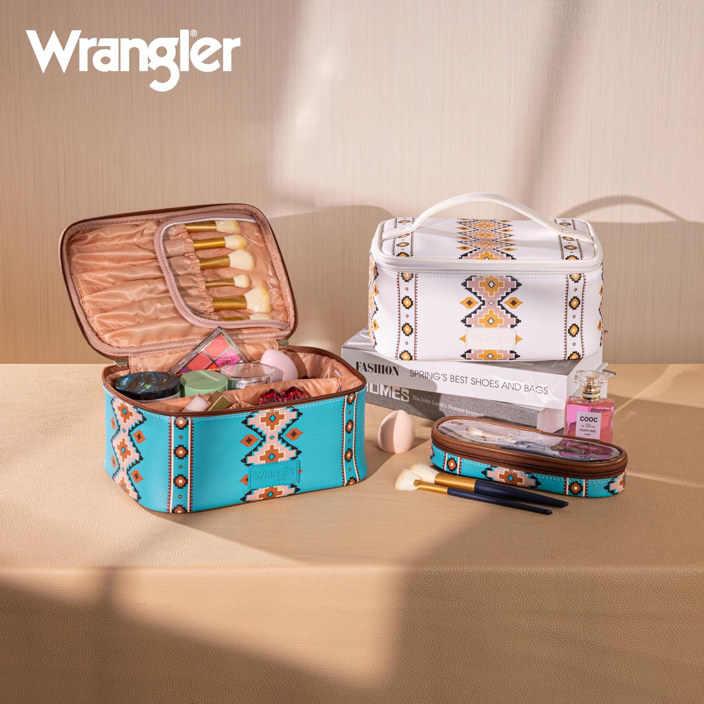 Montana West X Wrangler Travel Makeup Bag 2pcs Set Large Cosmetic Bag with Makeup Brush Holder Portable Make Up Organizer Cute Toiletry Bag with Divider and Handle for Women Aztec