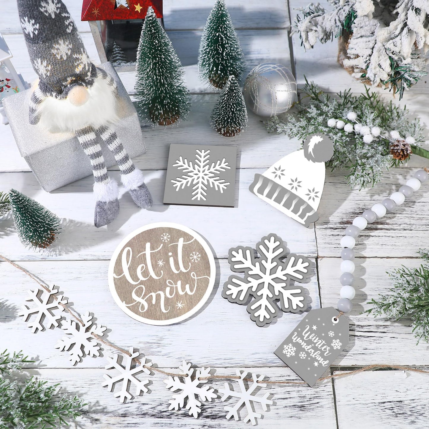 Soaoo 16 Pcs Winter Tiered Tray Decor Snowflake Rustic Gnome Plush Winter Tray Decor Wood Table Signs for Holiday Table Centerpieces Home Decorations(Silver Gray)