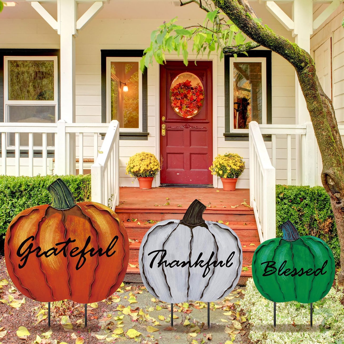 MorningRo 3 Pcs Thanksgiving Fall Yard Signs Outdoor Metal Pumpkin Decorative Garden Stakes, 28''+26''+24'' H Waterproof Pumpkin Yard Decoration for Outside Porch Patio Lawn Autumn Harvest Halloween