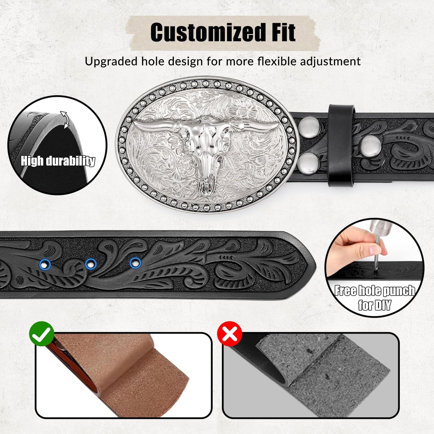 SANSTHS Western Belts for Men Women 2 Pack, Cowgirl Cowboy Belt Leather Straps with Buckle Set for Jeans, Bull Poker Black and Brown