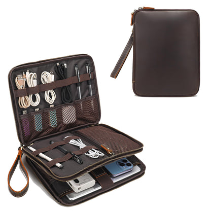 LANNSYNE Full Grain Leather Travel Cable Accessories Bag, Electronic Organizer Carry Case Double Layer Storage Case for Cables, Charger, Phone, Power Bank