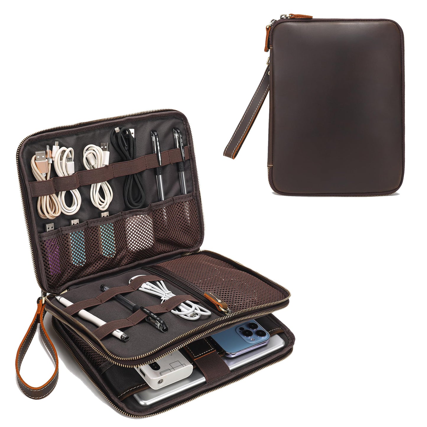 LANNSYNE Full Grain Leather Travel Cable Accessories Bag, Electronic Organizer Carry Case Double Layer Storage Case for Cables, Charger, Phone, Power Bank
