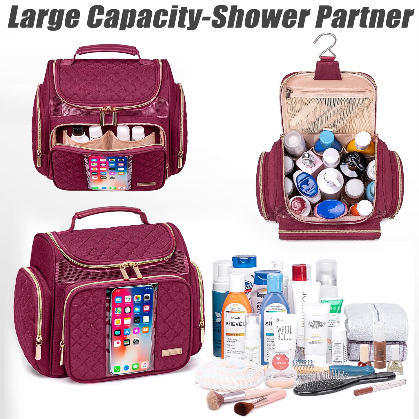 Tealari Large Toiletry Bag for Women Men,Bathroom Bag,Water Resistant Shower Bag,Makeup Bag,Portable Shower Caddy for College Dorm,Hanging Travel Toiletry Bag with Transparent Waterproof Phone Pocket