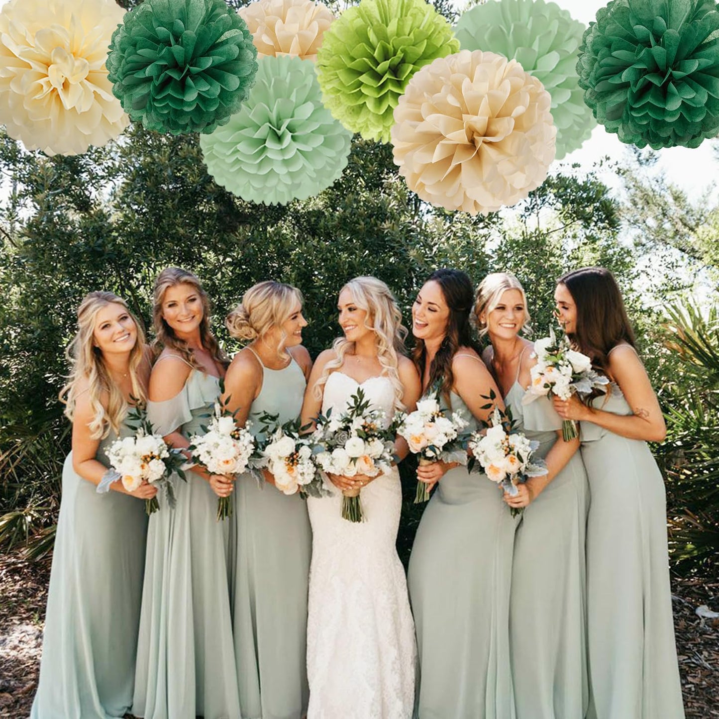 Sage-Olive Green Champagne-Gold Party Decorations - 30pcs Rustic Boho Wedding Paper Tissue Pom Poms Streamers,Tassel Garland Banner,Birthday Baby Bridal Shower Engagement Decor Lasting Surprise