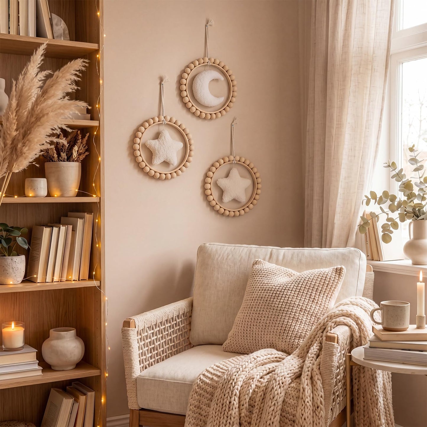 Wenqik 3 Pcs Boho Moon and Stars Wall Decor Nursery Wall Decors Wooden Bead Garland with Felt Centerpieces for Nursery, Farmhouse Style Hanging Decoration