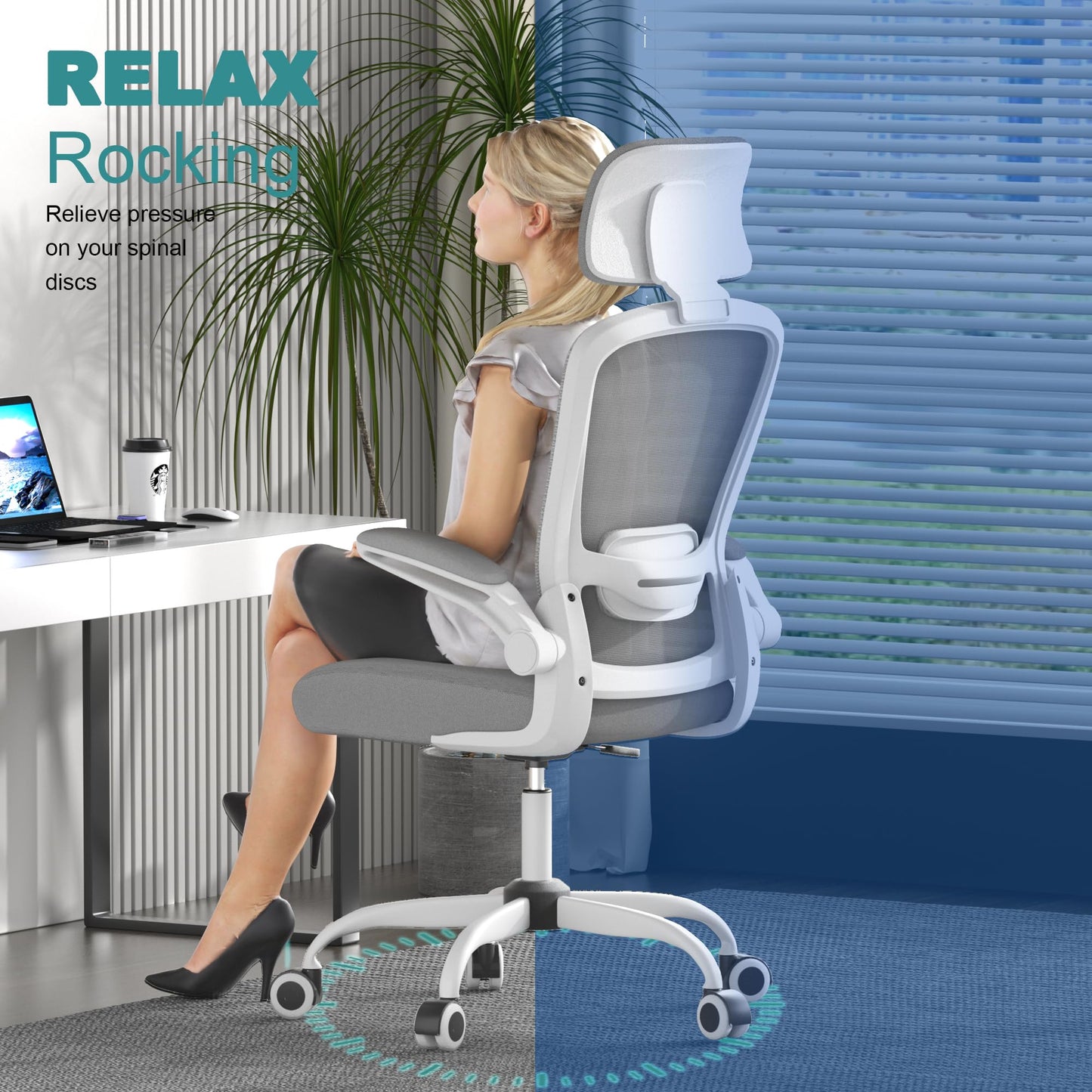 Mimoglad Office Chair, High Back Ergonomic Desk Chair with Adjustable Lumbar Support and Headrest, Swivel Task Chair with flip-up Armrests for Guitar Playing