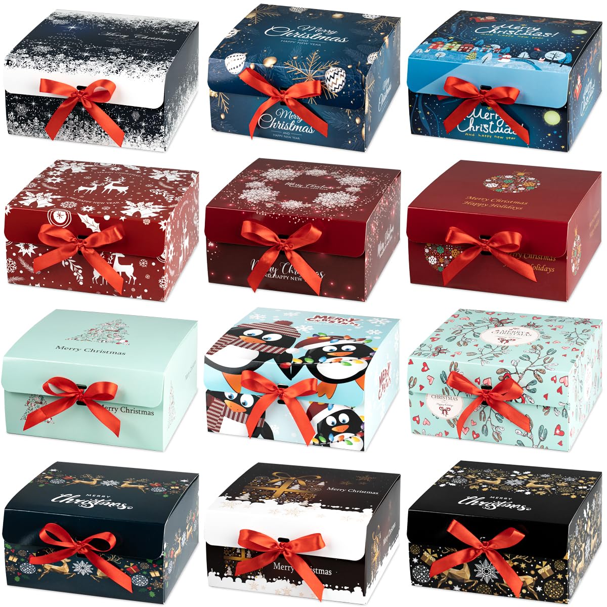 ARTLYMERS Christmas Gift Boxes with Lids, 12 Pack Gift Box and Red Ribbon Christmas Themed Pattern Small Gift Boxes for Xmas Presents Gifts Easy Assemble
