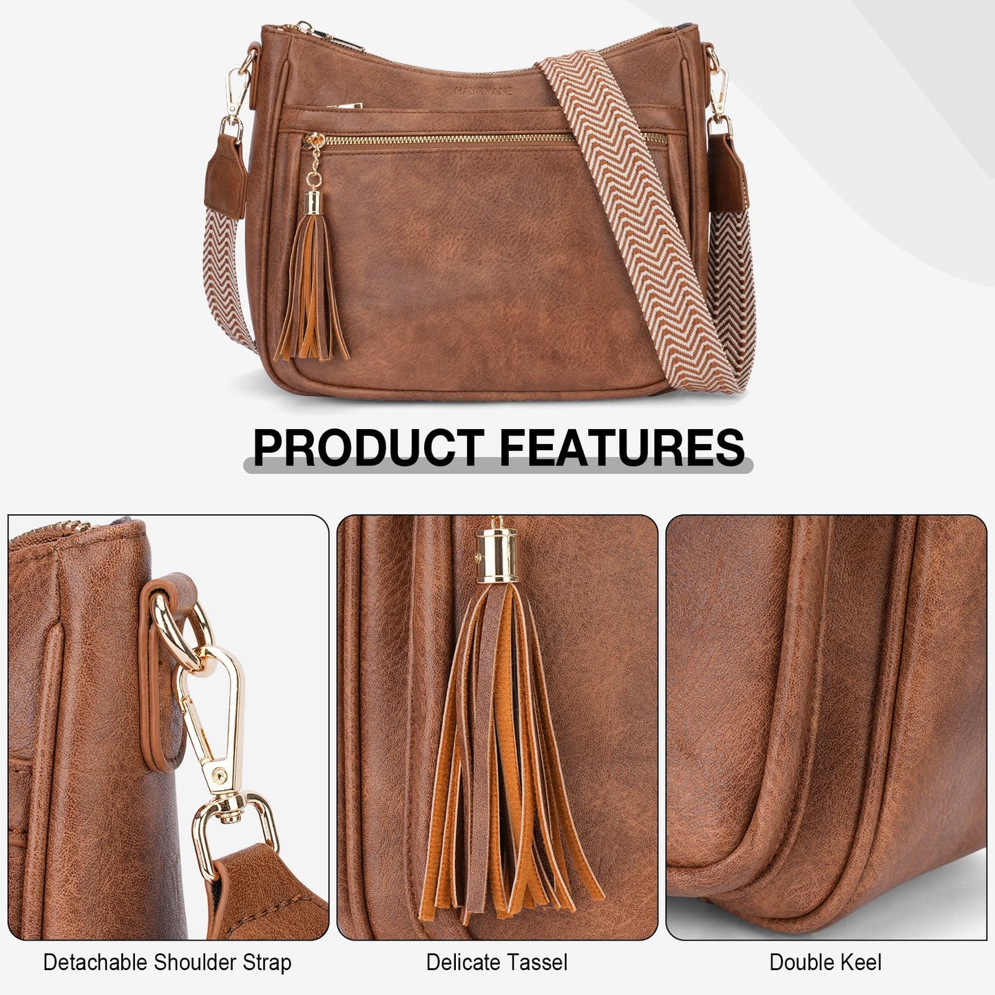 HAYRVANE Medium Crossbody Bags for Women, Vegan Leather Cross Body Purses Multi Pockets Shoulder Handbags with Tassel