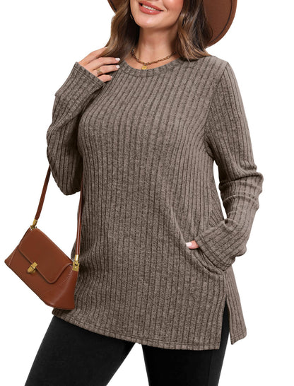SAMPEEL Womens Sweaters Crewneck Long Sleeve Shirts with Pockets Fall Outfits 2025 Fashion Winter Clothing Side Slit