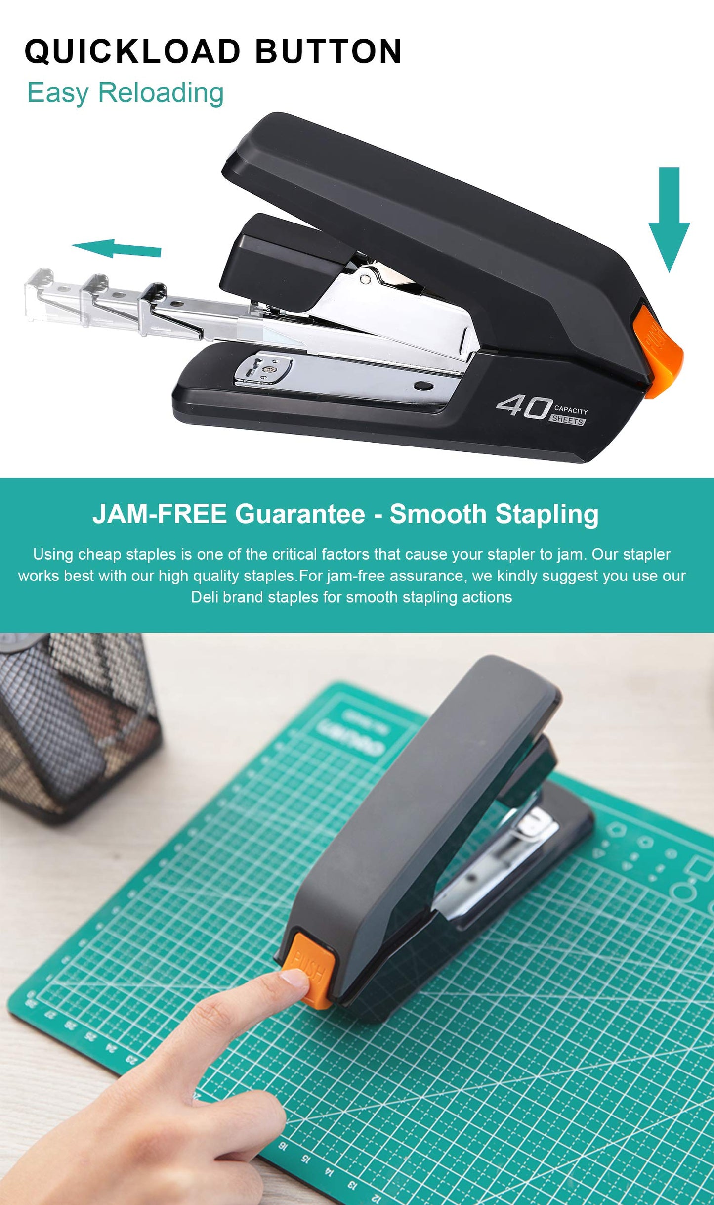 Leven Effortless Desktop Stapler, 40 Sheet Capacity, One Finger Touch Stapling, Easy to Load Ergonomic Heavy Duty Stapler, Includes 1500 Staples and Staple Remover