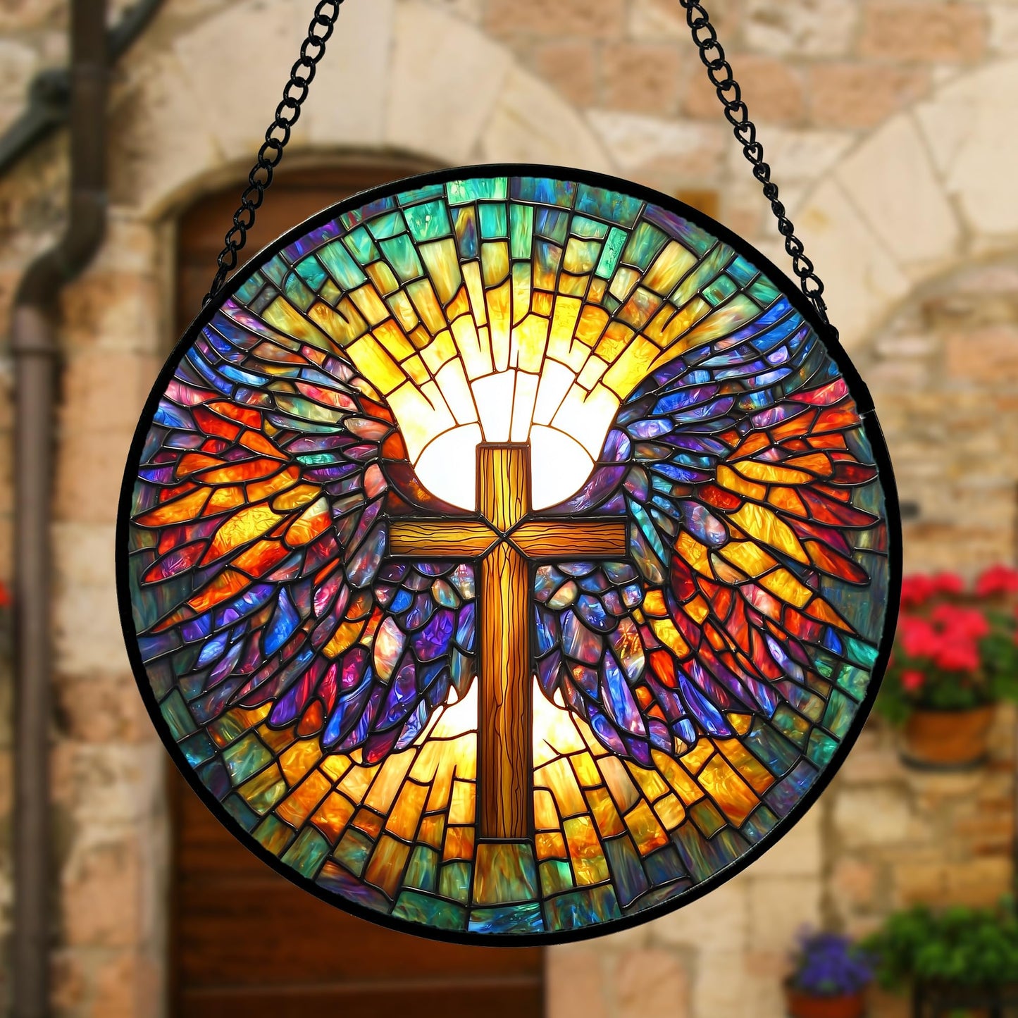 DASTOLL Stained Glass Window Hanging - Jesus Cross Wings Suncatcher Ready to Hang Window Doors Home Decoration and Christmas, Mother's Day Birthday Gifts for Women, Men, and Mom 7.8x7.8 in
