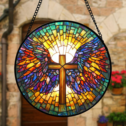 DASTOLL Stained Glass Window Hanging - Jesus Cross Wings Suncatcher Ready to Hang Window Doors Home Decoration and Christmas, Mother's Day Birthday Gifts for Women, Men, and Mom 7.8x7.8 in