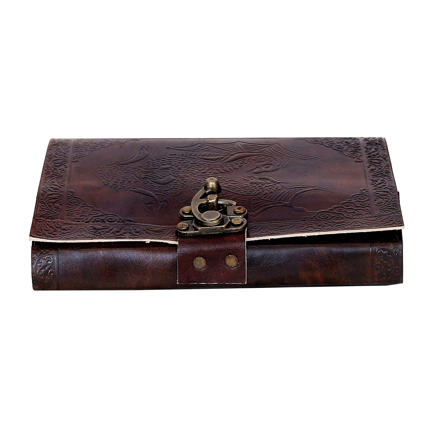 AzureGreen DOUBLE DRAGON Blank Page BOOK Handcrafted Leather Writing Unlined 5 x 7 JOURNAL (MEDIUM, Brown With Claps)