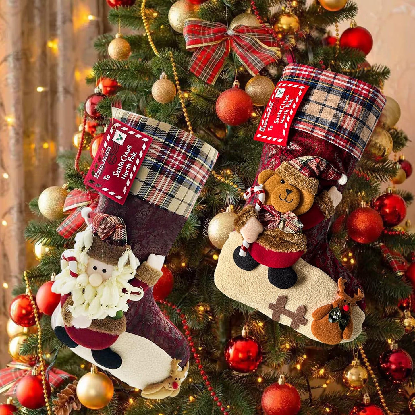 ETERAMUS 21 inch Plaid Christmas Stockings Santa Claus with Deer, Bear, Animal One Piece, Felt Large Plush 3D Reindeer Xmas Stocking for Girls Boys Tree Mantel Party Décor (Red Santa Claus)